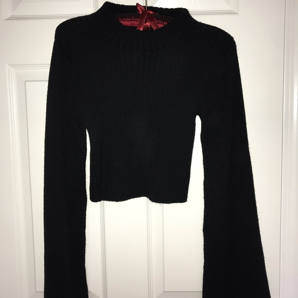 Ribbed cropped mock neck sweater with bell sleeves